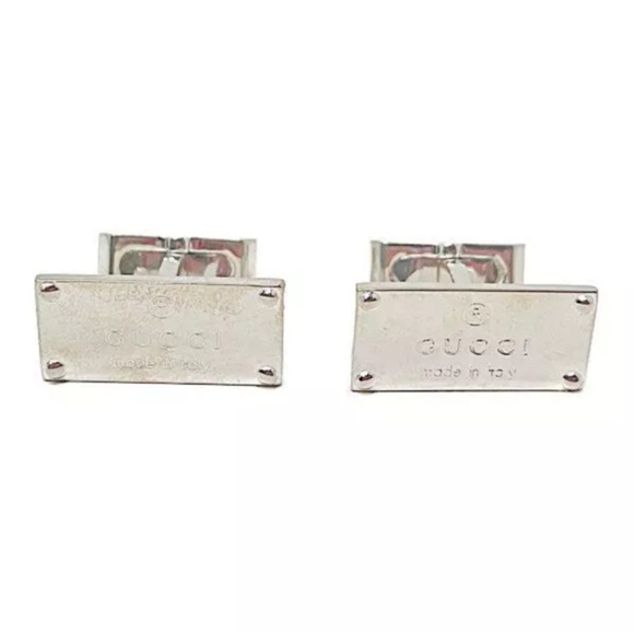 Gucci Mens Silver 925 Logo Rectangle Cufflinks, With box, Made in Italy - Picture 2 of 5